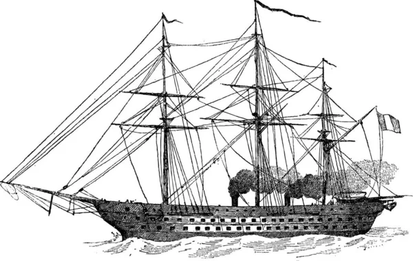 拿破仑 枪法国战舰 老式蒸汽动力 1852 刻的插图 单词和事 Larive 和弗洛瑞 1895年的字典 — 图库矢量图片