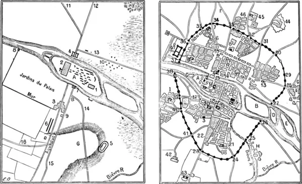 Карта Парижа Галло Роман Старинная Гравированная Иллюстрация Словарь Слов Вещей — стоковый вектор