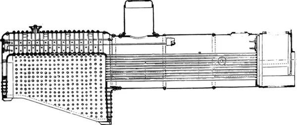 ビンテージの刻まれた図 1878 展登場特急機関車の北の鉄道のボイラーの縦断面図 産業百科事典 1875 — ストックベクタ