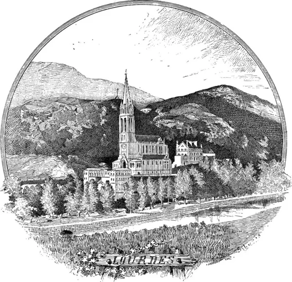 Basílica Nuestra Señora Del Rosario Lourdes Francia Ilustración Grabada Época — Archivo Imágenes Vectoriales