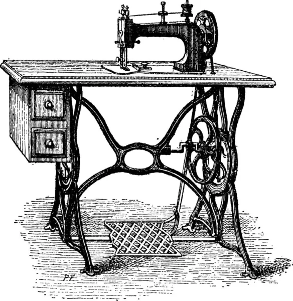 Maszyna Szycia Stóp Napędem Vintage Grawerowane Ilustracja Słownik Słów Rzeczy — Wektor stockowy