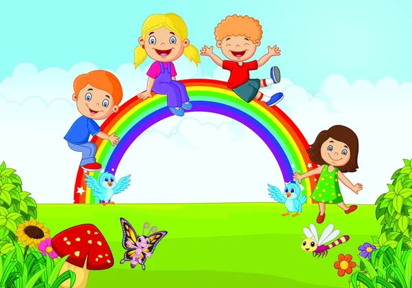 Cartoon Glückliche Kinder Sitzen Auf Regenbogen Dschungel — Stockvektor