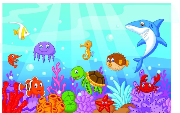 Cartoon Τροπικά Ψάρια Και Όμορφο Κόσμο Υποβρύχιων Κοράλλια — Διανυσματικό Αρχείο