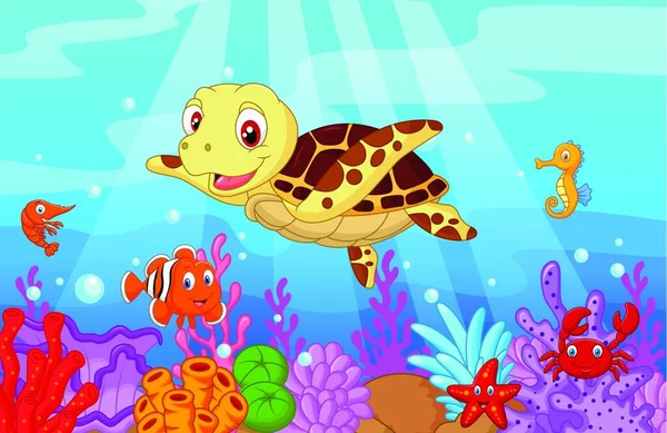 Lindo Bebé Tortuga Dibujos Animados Con Colección Peces — Vector de stock