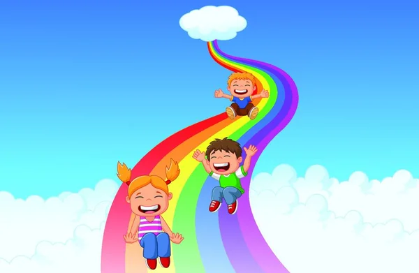 Bambini Dei Cartoni Animati Che Giocano Arcobaleno Scivolo Nella Giungla — Vettoriale Stock