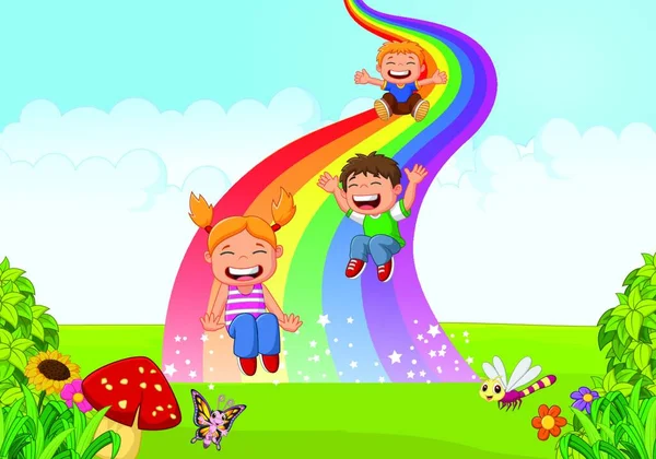 Bambini Dei Cartoni Animati Che Giocano Arcobaleno Scivolo Nella Giungla — Vettoriale Stock