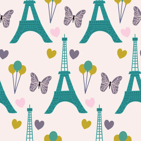 Eiffel Tour Butterfly Baloons Seamless Pattern Design — Stock Vector