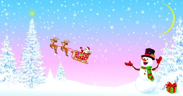鹿と一緒にそりでサンタが歓迎します 帽子の雪だるまがお出迎え クリスマスツリー空の星 雪の森だモミの木や雪の結晶を背景にしたサンタと雪だるま — ストックベクタ