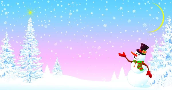 Muñeco Nieve Sombrero Bienvenida Árbol Navidad Estrella Cielo Bosque Nevado — Archivo Imágenes Vectoriales