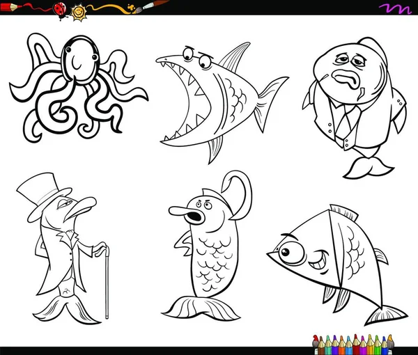 Fekete Fehér Rajzfilm Illusztrációja Funny Sea Life Állati Karakterek Set — Stock Vector