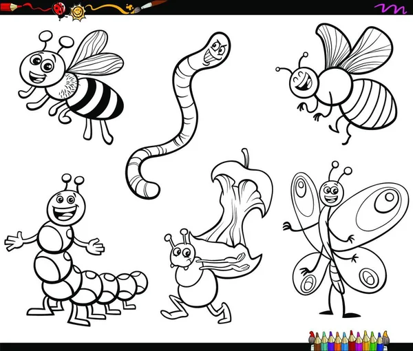 Schwarz Weiße Zeichentrickillustration Lustiger Insekten Animal Characters Set Malbuch Seite — Stockvektor