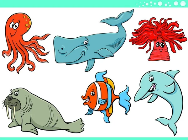 Tecknad Illustration Sea Life Eller Marina Vilda Djur Tecken Set — Stock vektor