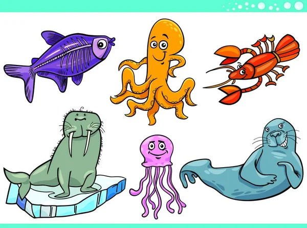 Cartoon Illustration Sea Life Marine Wild Animal Characters Species Set — стоковий вектор