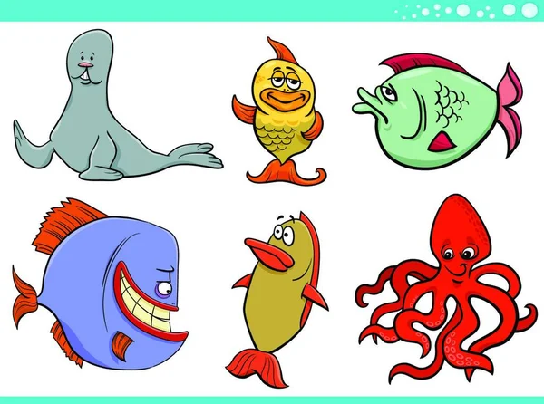 海の生き物や海洋動物のキャラクターセットの漫画イラスト — ストックベクタ
