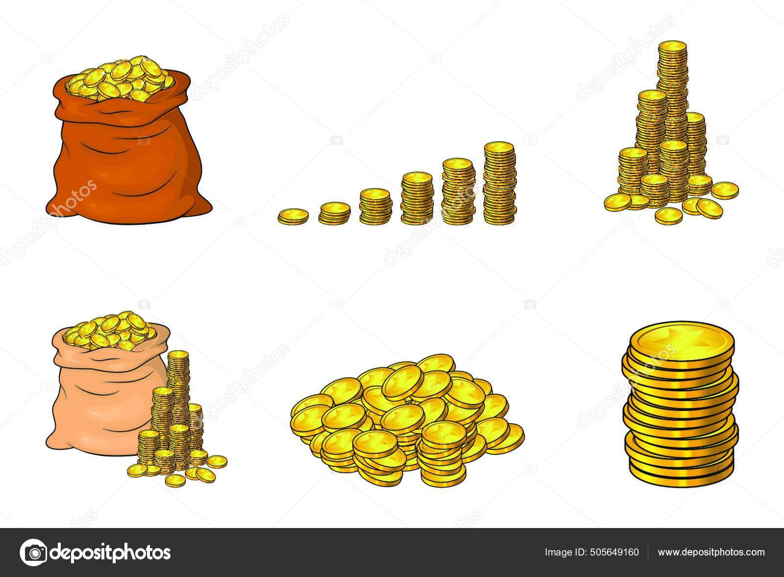 硬币孤立的卡通集收藏品黄金堆积如山金钱堆积如山一袋现金财富收入图表白色的矢量图解图库矢量图©PantherMediaSeller 505649160