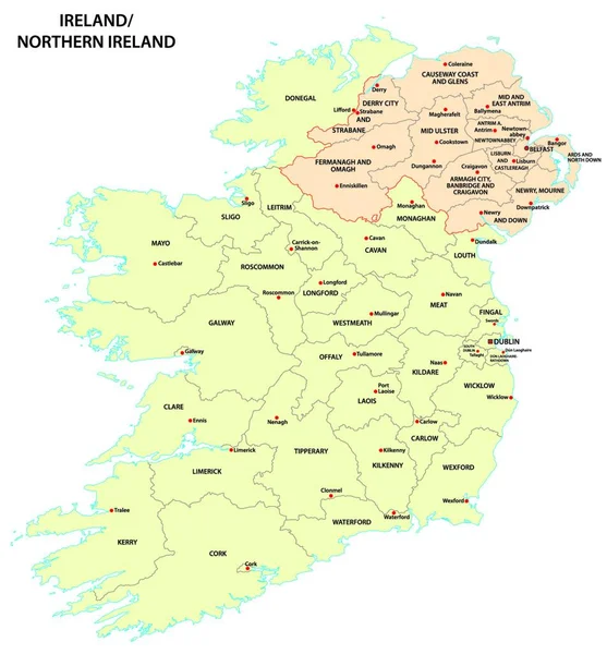 爱尔兰和北爱尔兰的行政地图 — 图库矢量图片