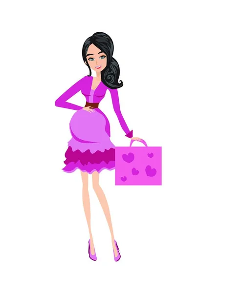 Ilustración Una Chica Con Una Bolsa Vestido Rosa Púrpura — Archivo Imágenes Vectoriales