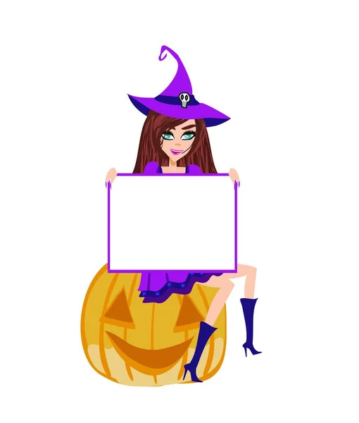Smiling Witch Sits Pumpkin Frame Space Your Text — Stock Vector