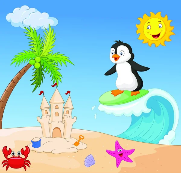 Glückliches Pinguin Cartoon Surfen — Stockvektor