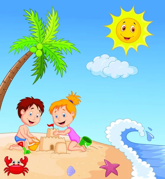 孩子们做沙子城堡在地处热带的海滩 — 图库矢量图片