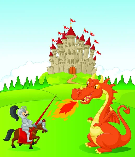 Karikatür Knight Ile Şiddetli Dragon — Stok Vektör