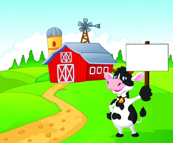 Vaca Dos Desenhos Animados Segurando Sinal Branco Com Fundo Fazenda — Vetor de Stock