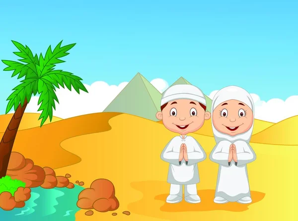 Мультфильм Мусульманские Дети Пирамидой Фоне — стоковый вектор