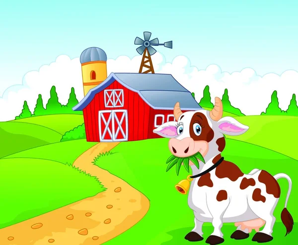 Ilustracja Gospodarstwa Rolnego Krową Polu — Wektor stockowy
