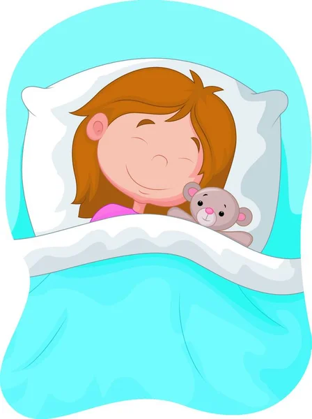 卡通女孩睡在一起的布玩具熊 — 图库矢量图片