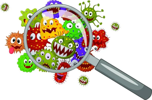 Мультяшні Бактерії Під Збільшувальним Склом — стоковий вектор