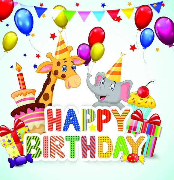 Birthday Background Cartoon Lion Giraffe Elephant — Stock Vector