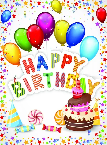 生日背景 生日蛋糕和彩色气球 — 图库矢量图片