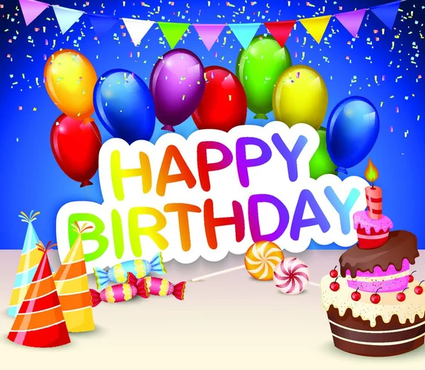 生日背景 色彩艳丽的气球和生日蛋糕 — 图库矢量图片