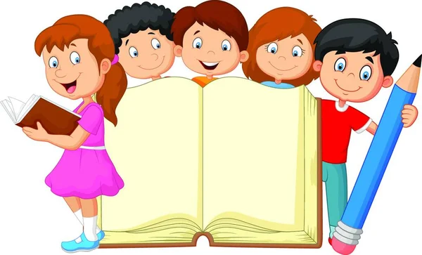 Niños Dibujos Animados Con Libro Lápiz — Vector de stock