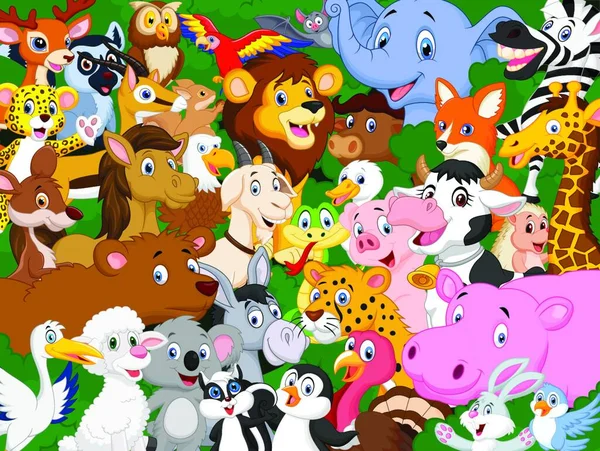 Sbírka Kreslených Zvířat Lesním Pozadím — Stockový vektor