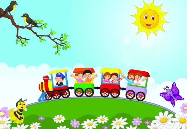 在五彩缤纷的火车上快乐的孩子们 — 图库矢量图片