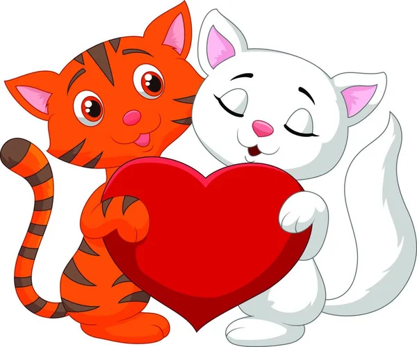 Couple Chat Heureux Tenant Coeur Rouge — Image vectorielle