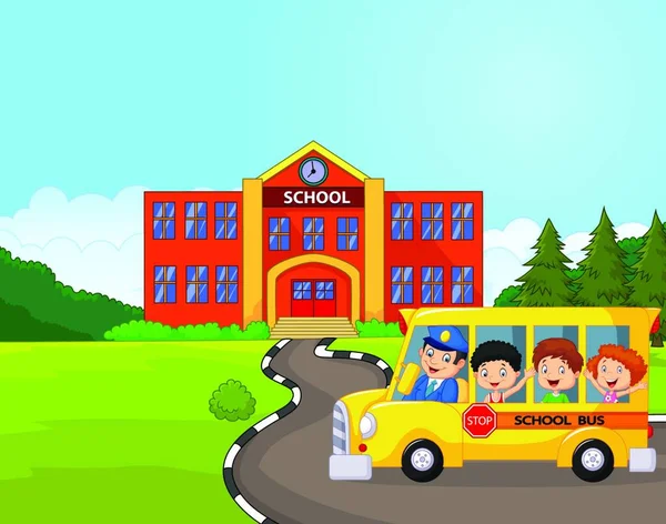 Illustration School Bus Kids Infront School — Stock Vector