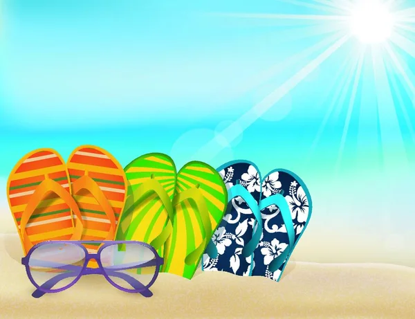 Summer Beach Sandals Colorful Flip Flops Sunglasses — Stock Vector