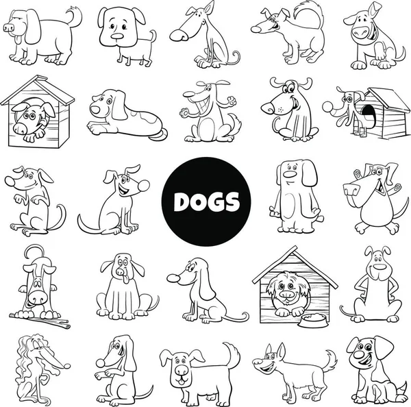 Black White Cartoon Εικονογράφηση Των Σκύλων Και Κουταβιών Pet Χαρακτήρες — Διανυσματικό Αρχείο