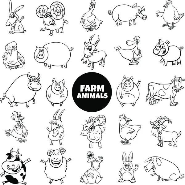 Black White Cartoon Illustration Funny Farm Animal Characters Large Set — Stock Vector