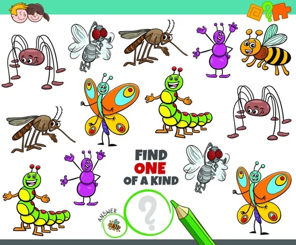 Dibujos Animados Ilustración Encontrar Juego Educativo Con Felices Insectos Errores — Vector de stock