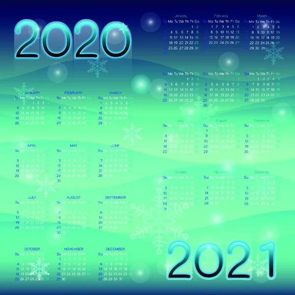 Jahreskalender 2020 Und 2021 Auf Aqua Hintergrund Aktienvektor — Stockvektor