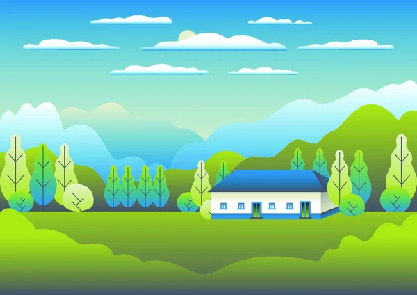 Hügellandschaft Und Gebirgslandschaft Bauernhof Flachen Stil Landschaftspanorama Freien Grüne Wiese — Stockvektor