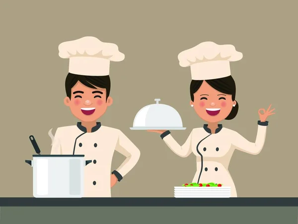 Squadra Chef Cuochi Professionisti Divertono Cucinare Cucina Illustrazione Vettoriale Piatto — Vettoriale Stock