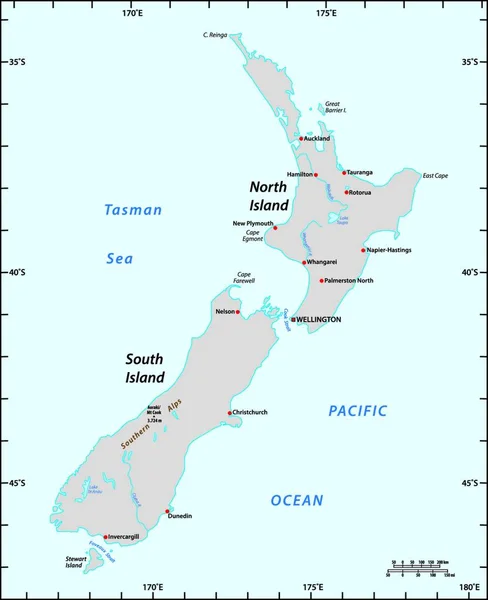 Eenvoudige Kaart Van Nieuw Zeeland Met Lengte Breedtegraden — Stockvector
