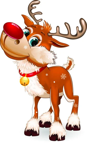 赤い鼻と小さな鐘を持つかわいい漫画の鹿 — ストックベクタ