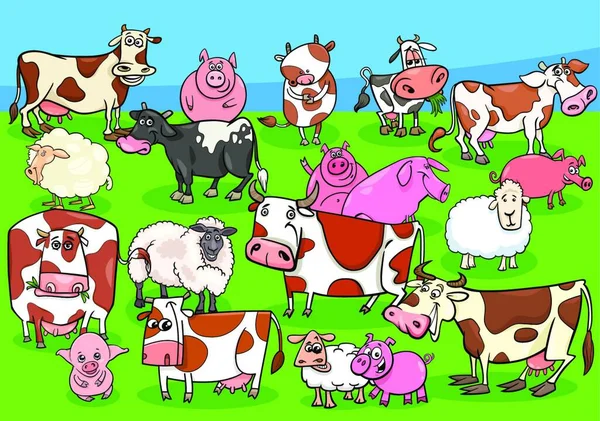 Ilustracja Komiksu Happy Farm Animals Comic Characters Group Łące — Wektor stockowy