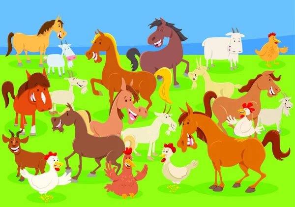 Zeichentrick Illustration Von Bauernhof Tierfiguren Auf Der Wiese — Stockvektor