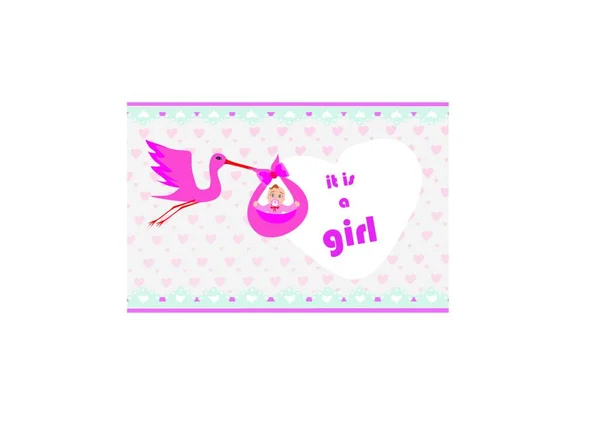 Baby Girl Card Stork Delivering Cute Baby Girl — Stock Vector